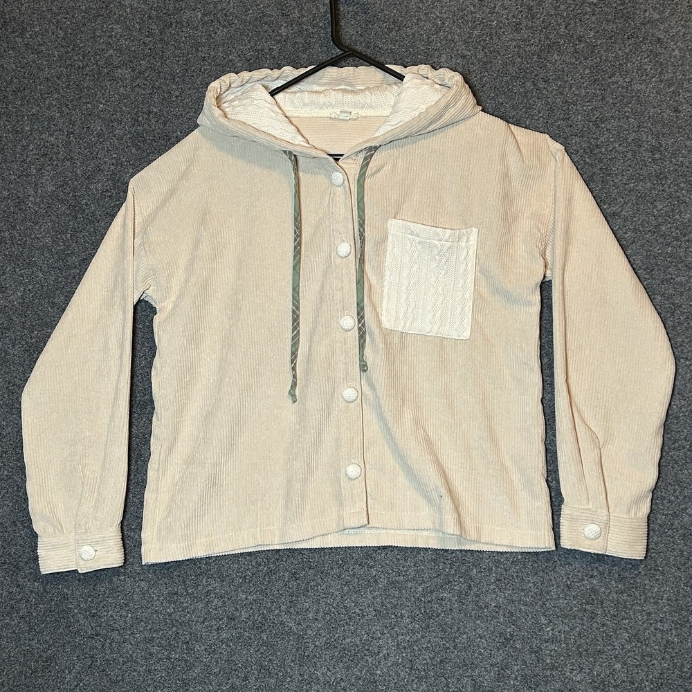 Hem & Thread Cream Hooded Corduroy Shacket W/Sweater Accents - Women's Large